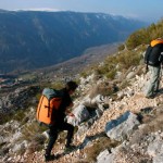 Verity Sowden and I hiking up the Cheiron. The village of Greolieres is below.